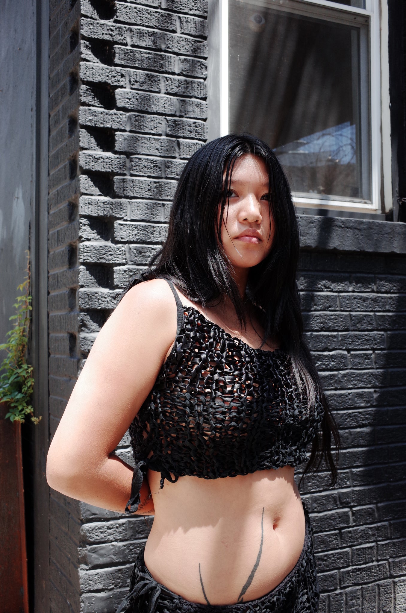 black mixed yarn hand knit side lace tank